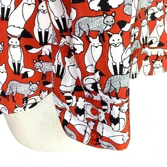 Ann Taylor Top Women L Multicolor Fox Print Half Button Tunic Roll Tab Sleeve - Picture 4 of 9